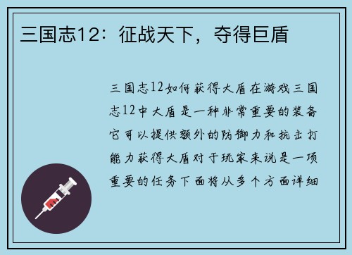 三国志12：征战天下，夺得巨盾